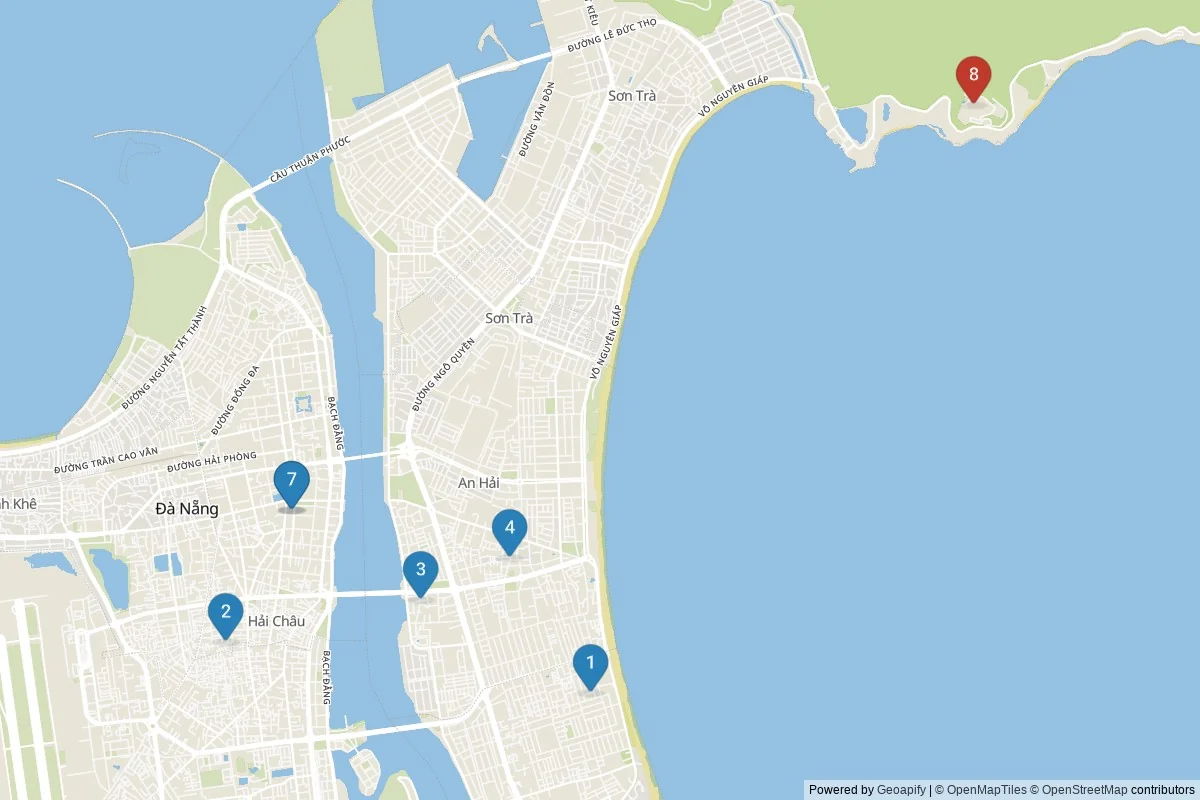 Da Nang sights map — 8 POIs grouped into 2 cluster(s)