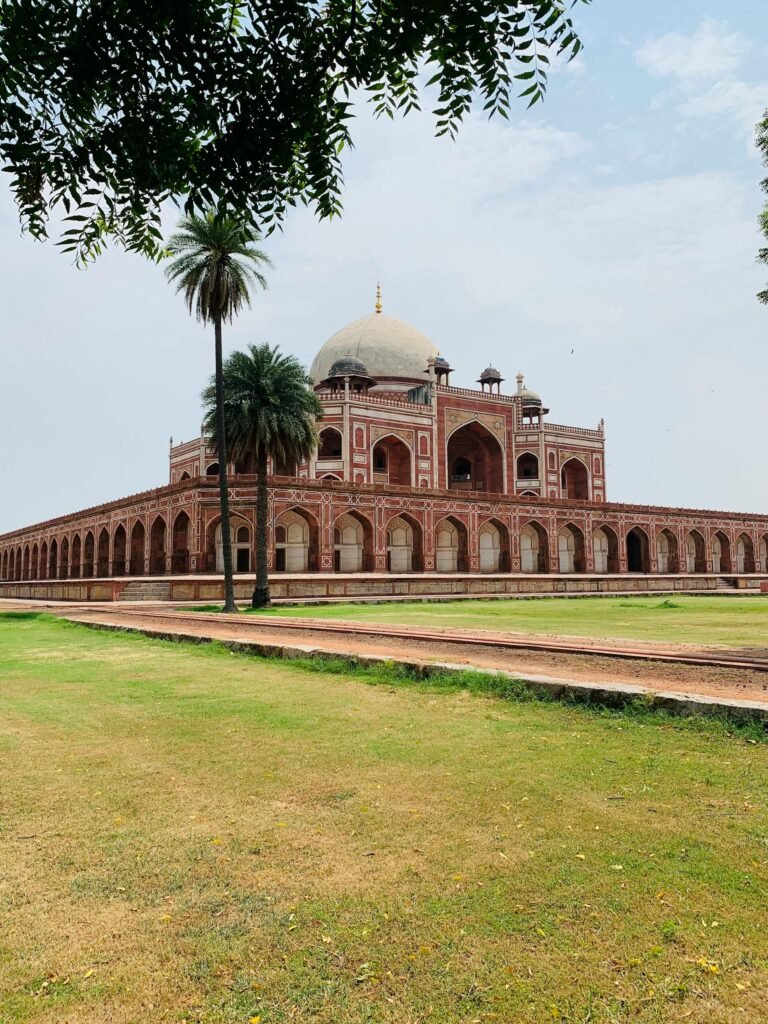 Humayun's Tomb in New Delhi against a clear blue sky, prototype of Mughal funerary architecture