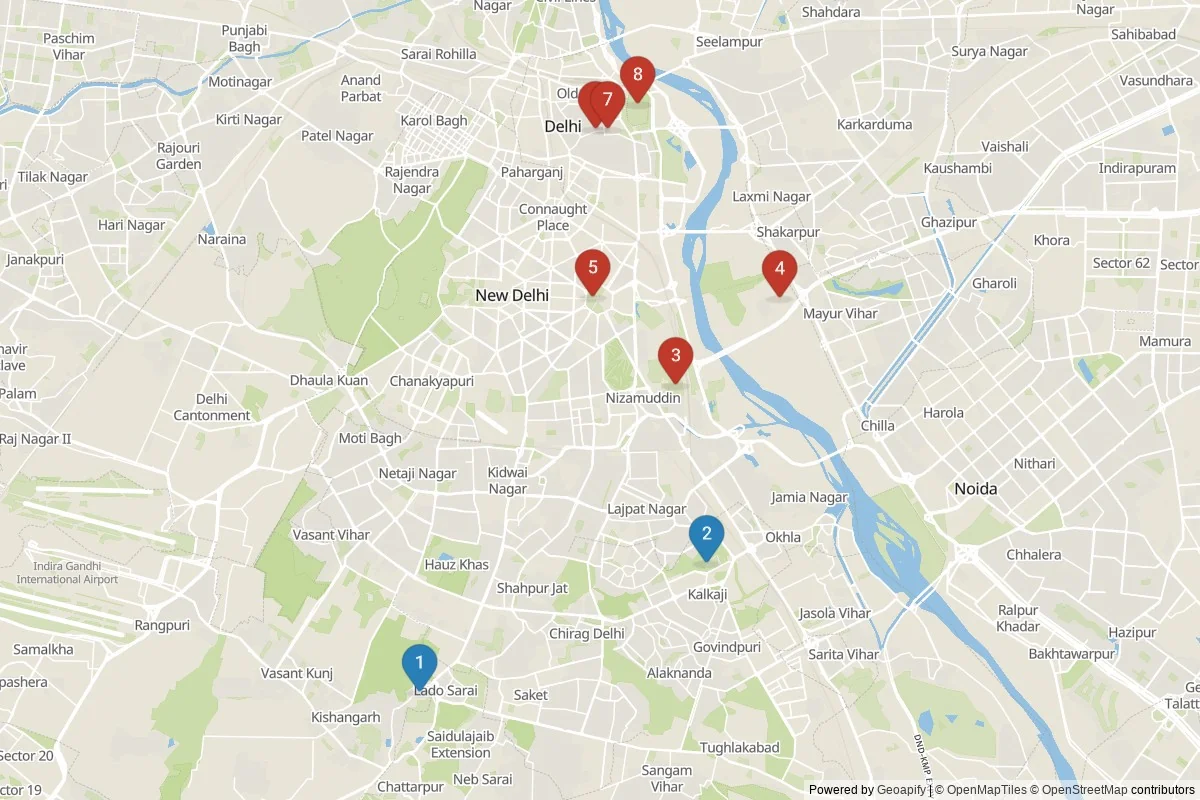 Delhi sights map — 8 in-city POIs across 2 cluster(s); day-trips listed in table