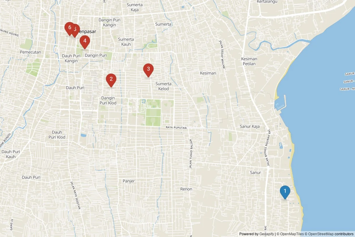 Denpasar sights map — 6 in-city POIs across 2 cluster(s); day-trips listed in table