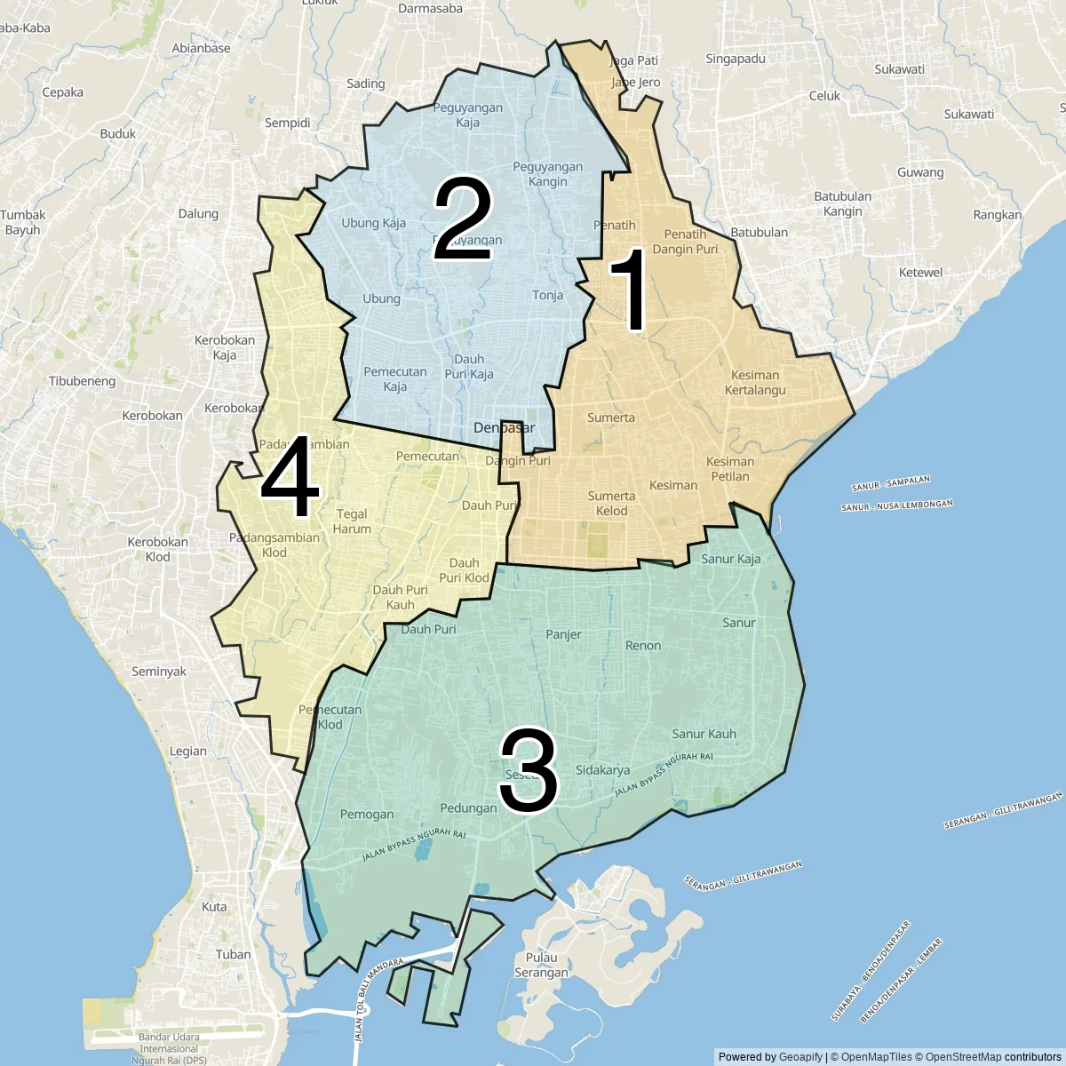 Denpasar districts map (4 Subdistricts)