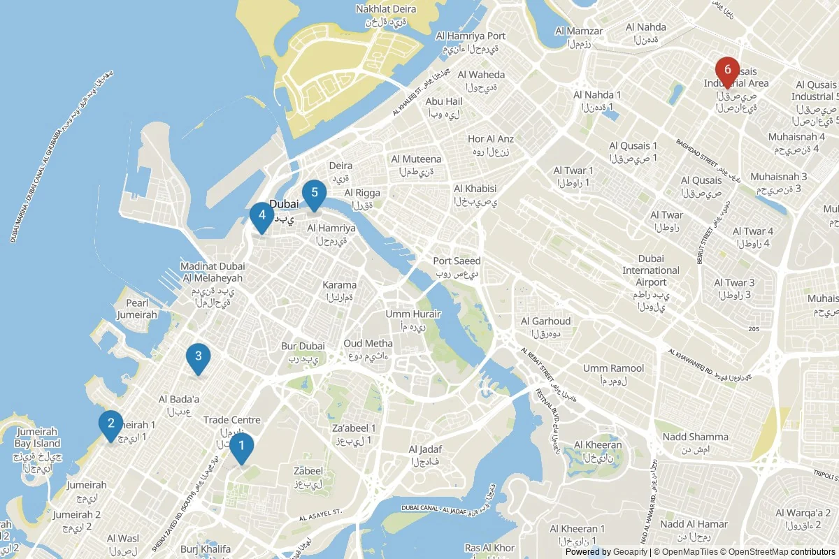 Dubai sights map — 6 POIs grouped into 2 cluster(s)