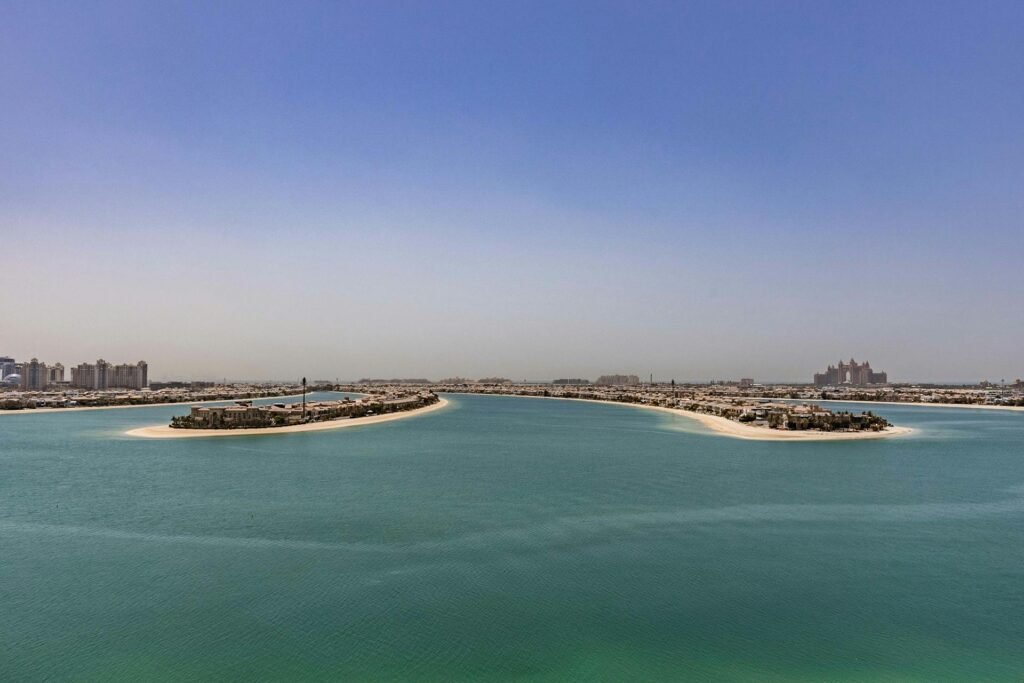 Aerial view of Palm Jumeirah artificial island in Dubai showing the iconic palm-tree shape from above