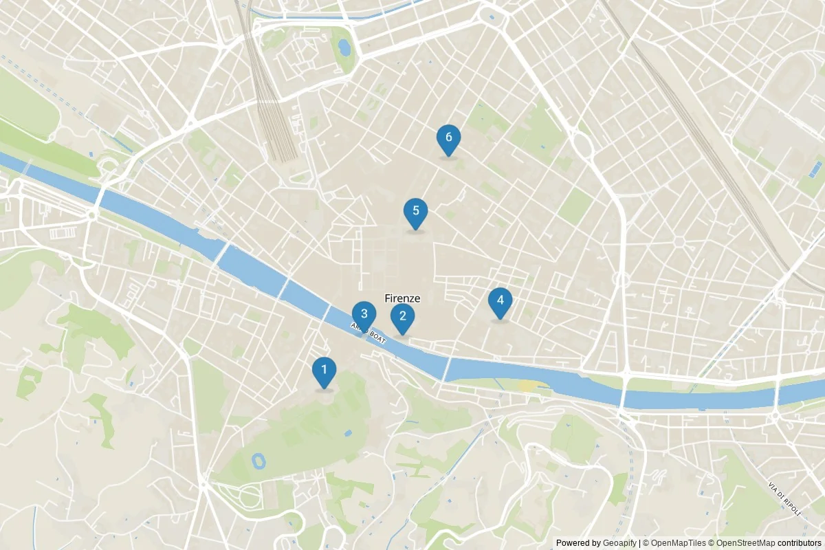 Florence sights map — 6 in-city POIs across 1 cluster(s); day-trips listed in table
