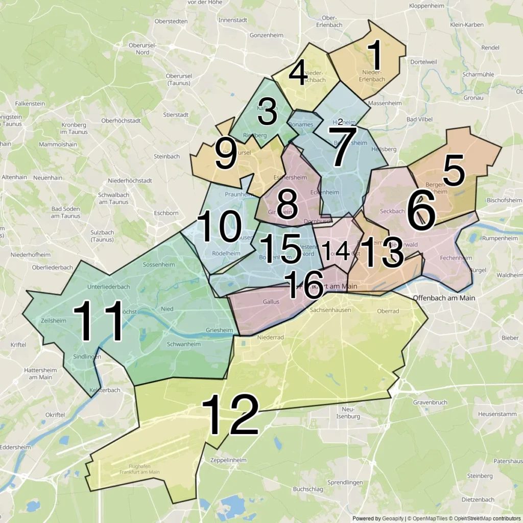 Map of Frankfurt am Main's 16 city districts (Stadtteile)