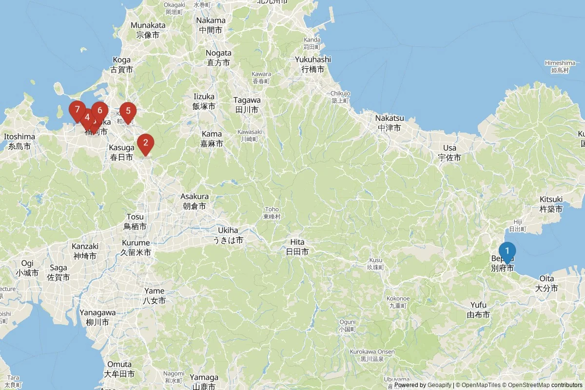Fukuoka sights map — 7 POIs grouped into 2 cluster(s)