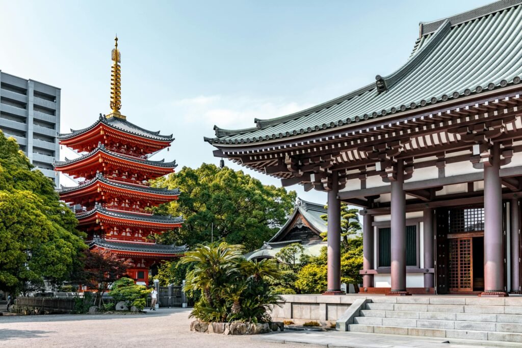 The historic Tochoji Temple in central Hakata with its serene architectural beauty — the 9th-century Buddhist temple that houses Japan's largest seated wooden Buddha and remains a defining heritage site of Fukuoka's old city