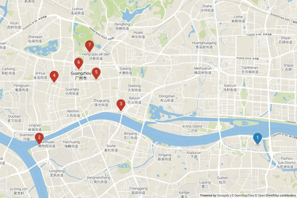 Guangzhou sights map — 7 in-city POIs across 2 cluster(s); day-trips listed in table