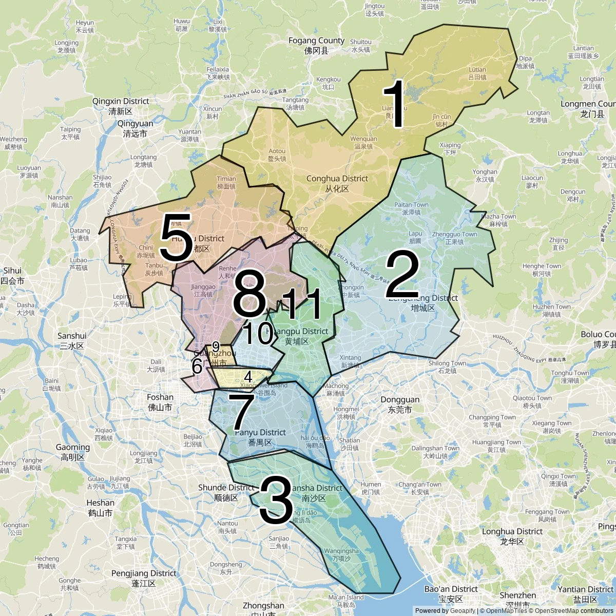Guangzhou districts map (11 Districts)