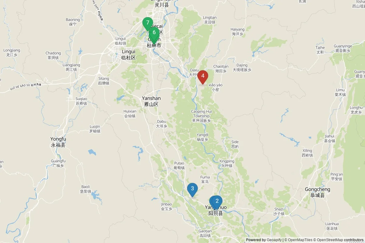 Guilin sights map — 7 in-city POIs across 3 cluster(s); day-trips in table