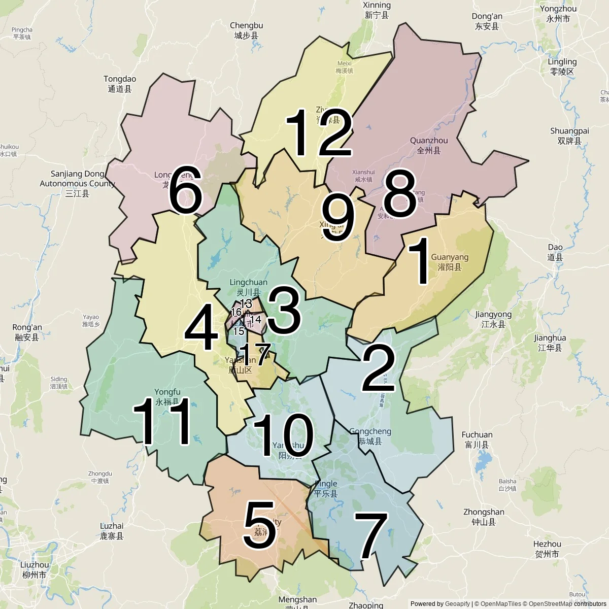 Guilin districts map (17 Districts and counties)