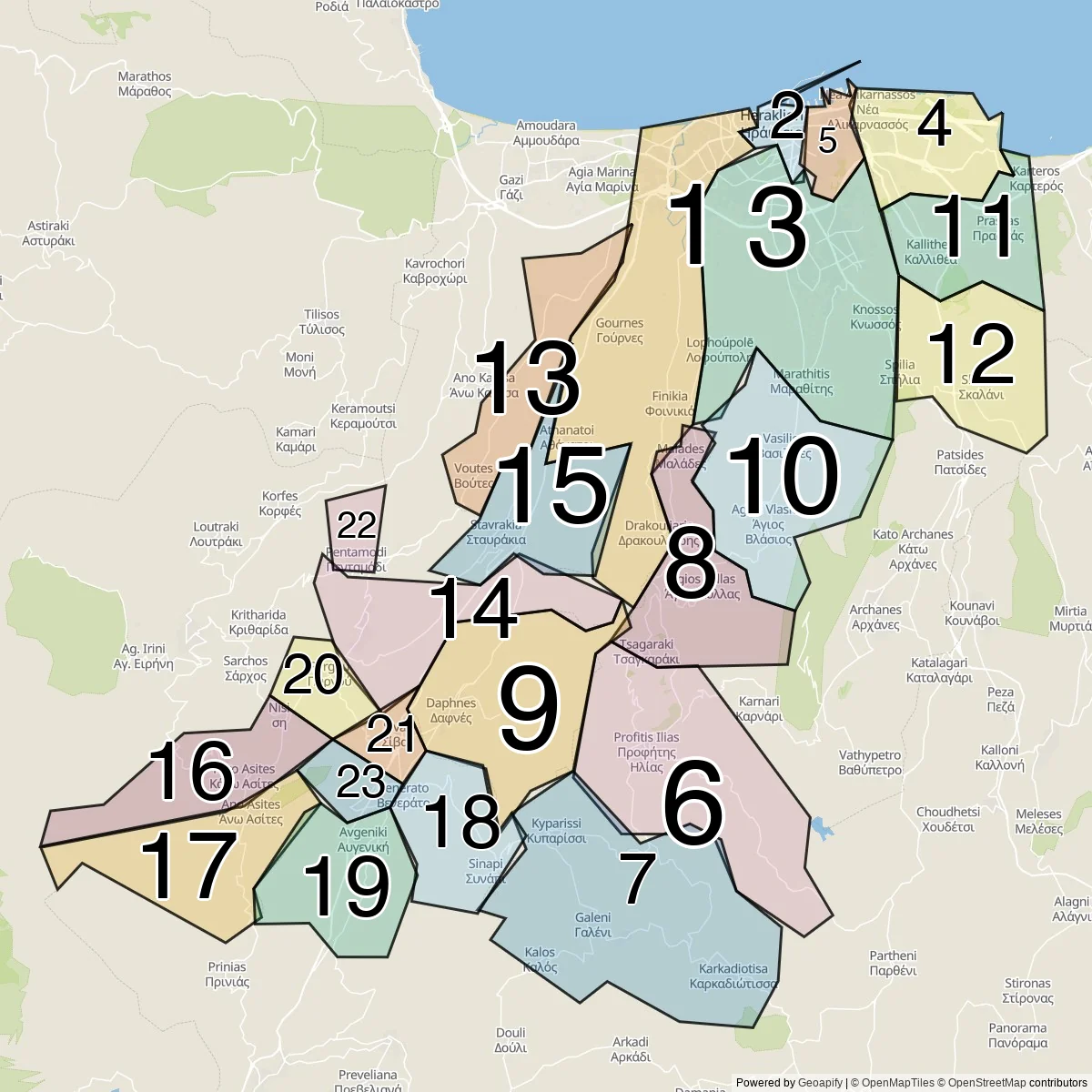 Heraklion districts map (23 Communities)