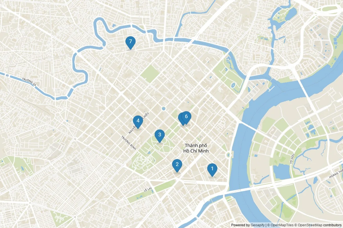 Ho Chi Minh City sights map — 7 in-city POIs across 1 cluster(s); day-trips listed in table