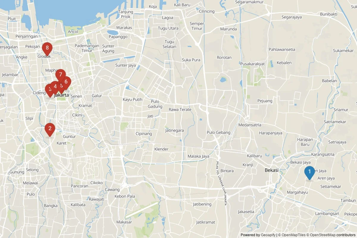 Jakarta sights map — 8 POIs grouped into 2 cluster(s)