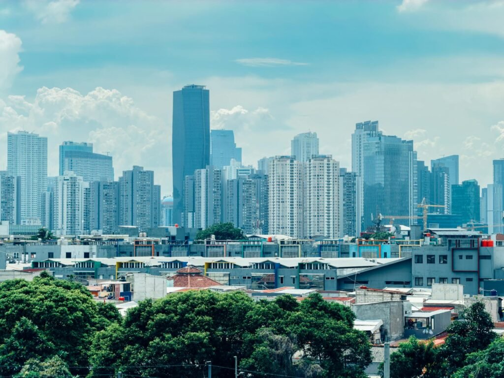 Stunning Jakarta skyline with modern skyscrapers — the dramatic vertical growth of Indonesia's capital, the largest urban agglomeration in Southeast Asia