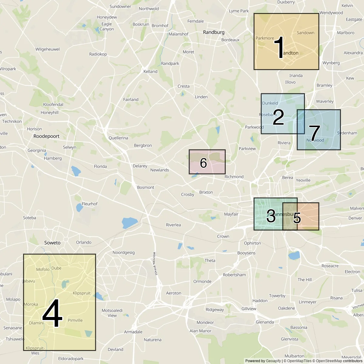 Johannesburg districts map (7 Major suburbs)