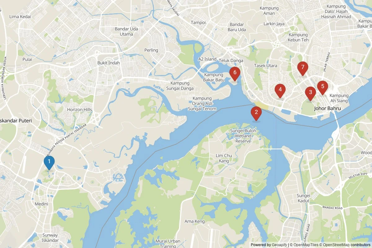 Johor Bahru sights map — 7 in-city POIs across 2 cluster(s); day-trips listed in table