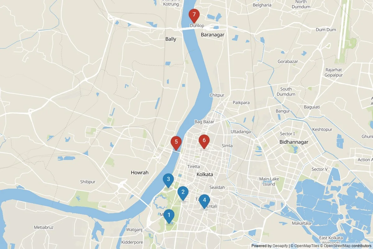 Map of Kolkata sights — Day 1 South cluster (blue, 1-4): Victoria Memorial, Indian Museum, Eden Gardens, Mother House; Day 2 North cluster (red, 5-7): Howrah Bridge, Jorasanko Thakur Bari, Dakshineswar Kali Temple