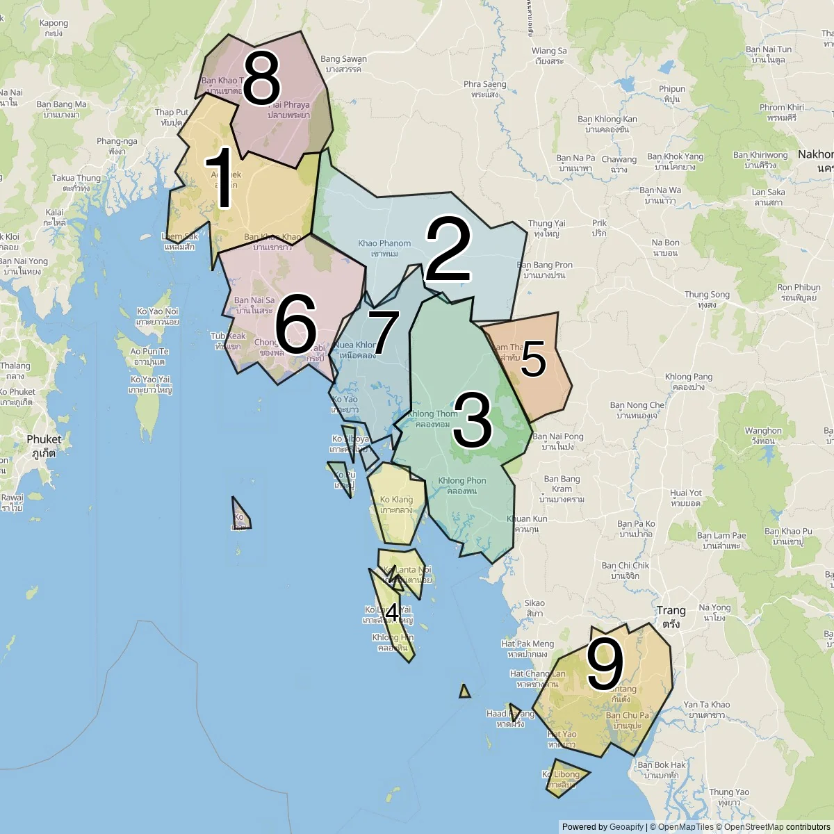 Krabi districts map (9 Districts)