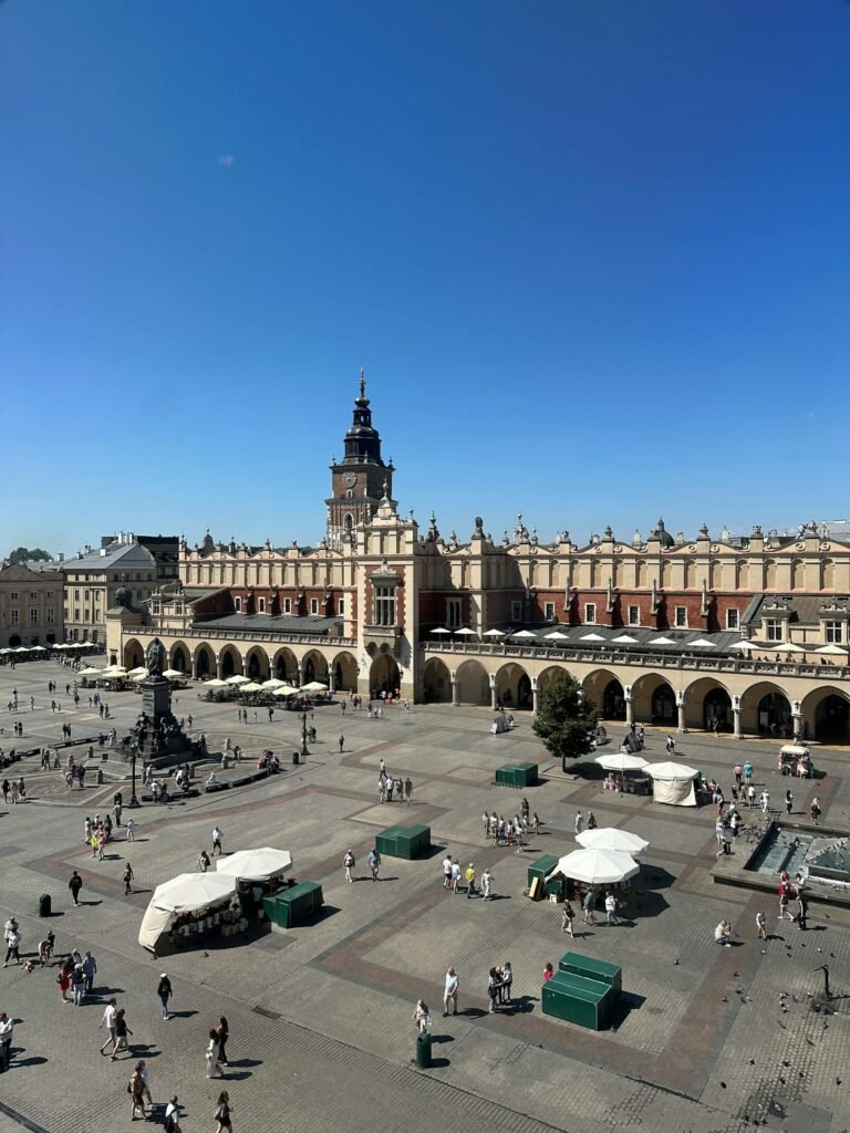 Aerial view of Krakow's Main Market Square with the historic Cloth Hall under a clear blue sky