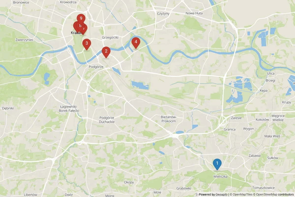 Krakow sights map — 9 POIs grouped into 2 cluster(s)