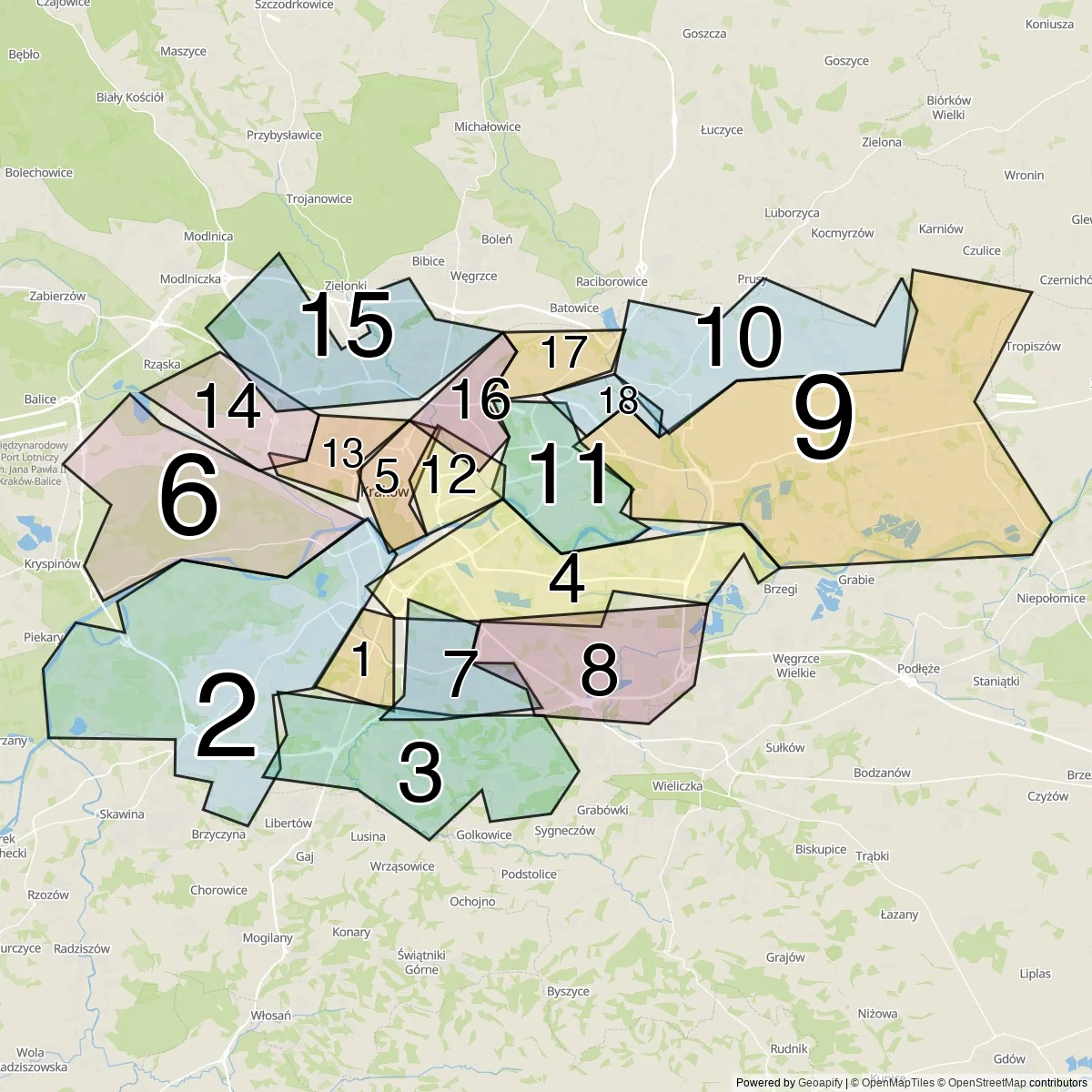 Krakow districts map (18 Districts)