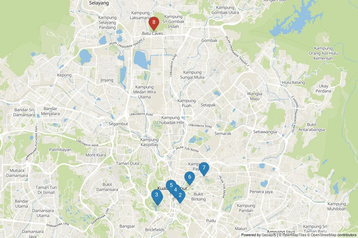 Kuala Lumpur sights map — 8 in-city POIs across 2 cluster(s); day-trips listed in table