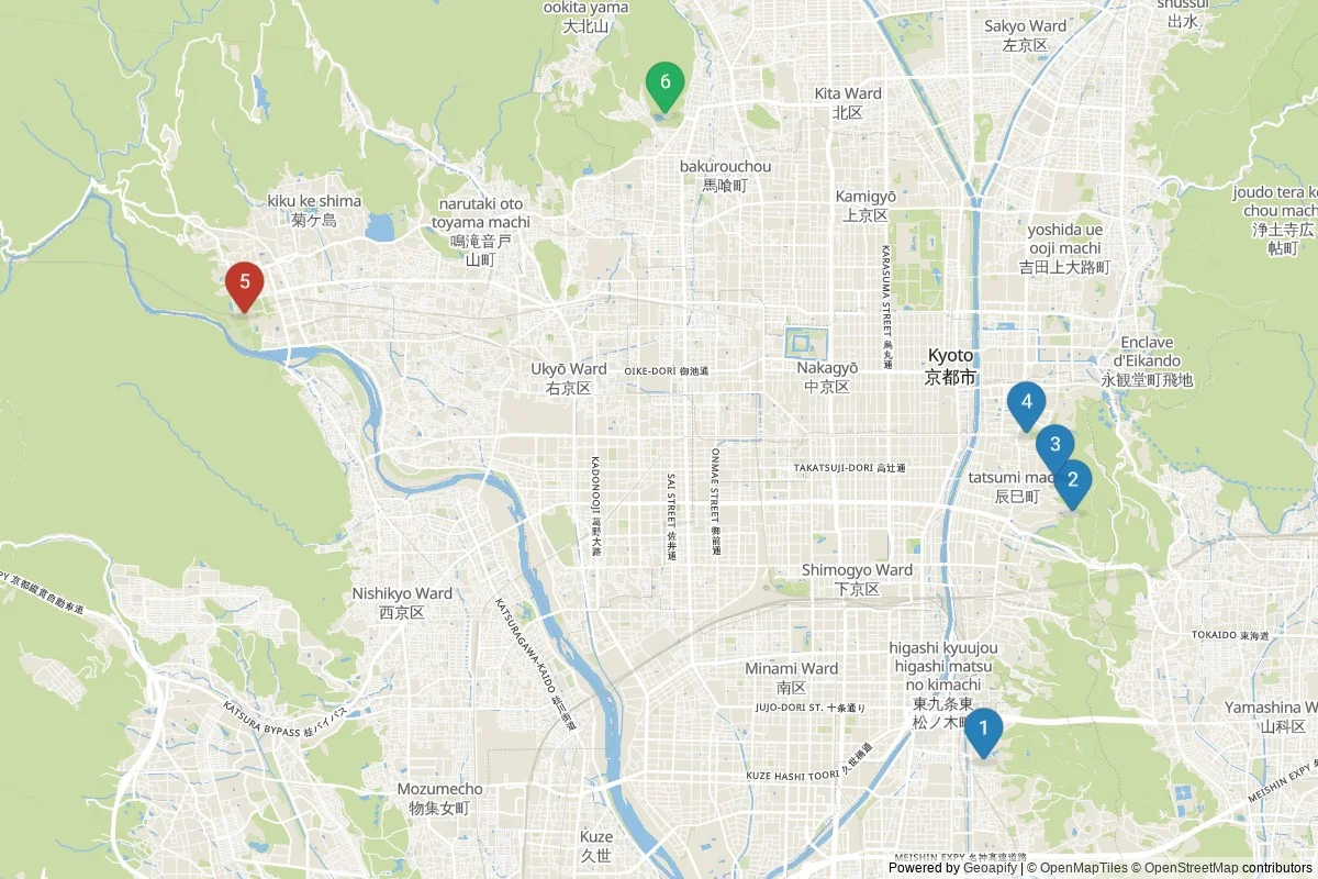 Kyoto sights map — 6 in-city POIs across 3 cluster(s); day-trips listed in table