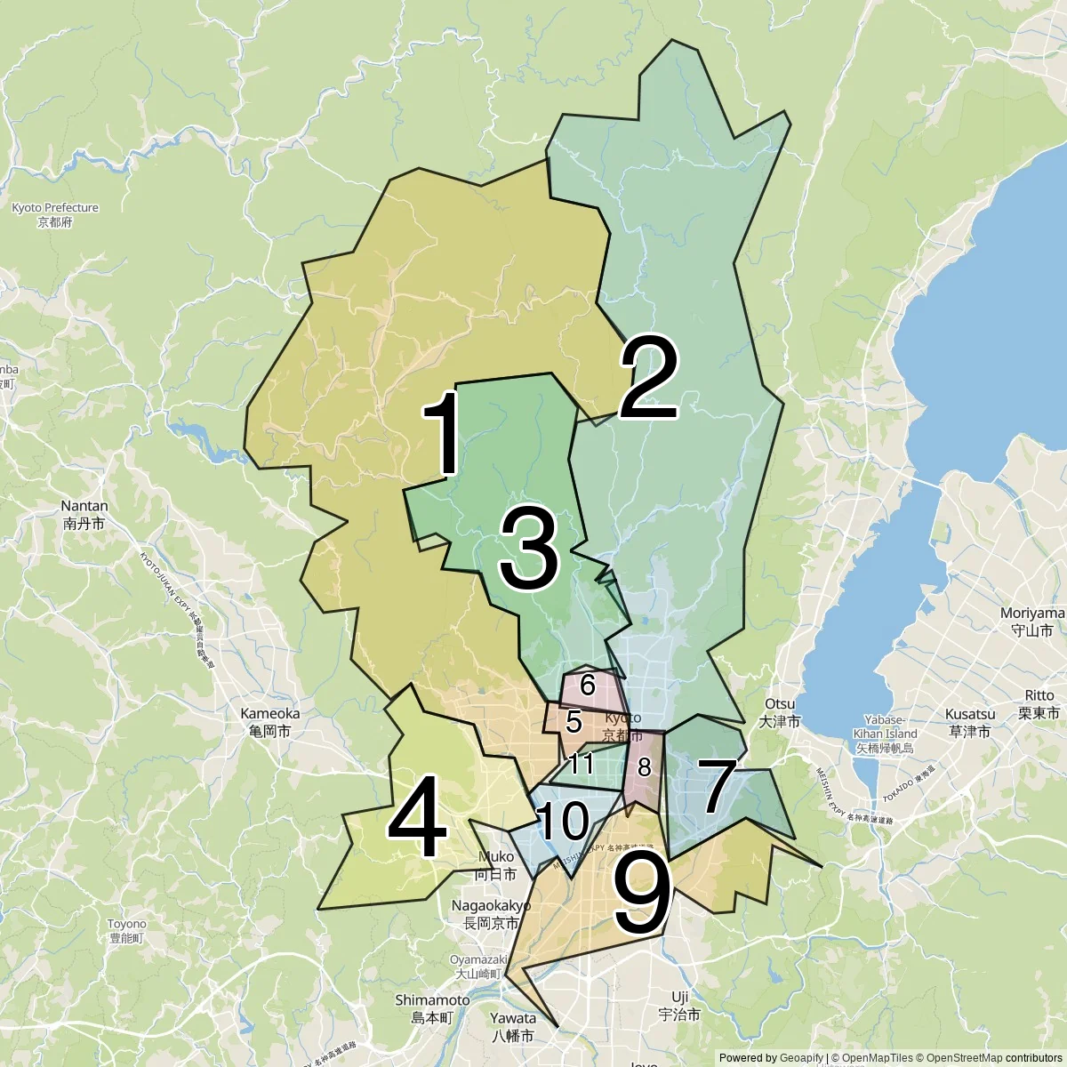 Kyoto districts map (11 Wards)
