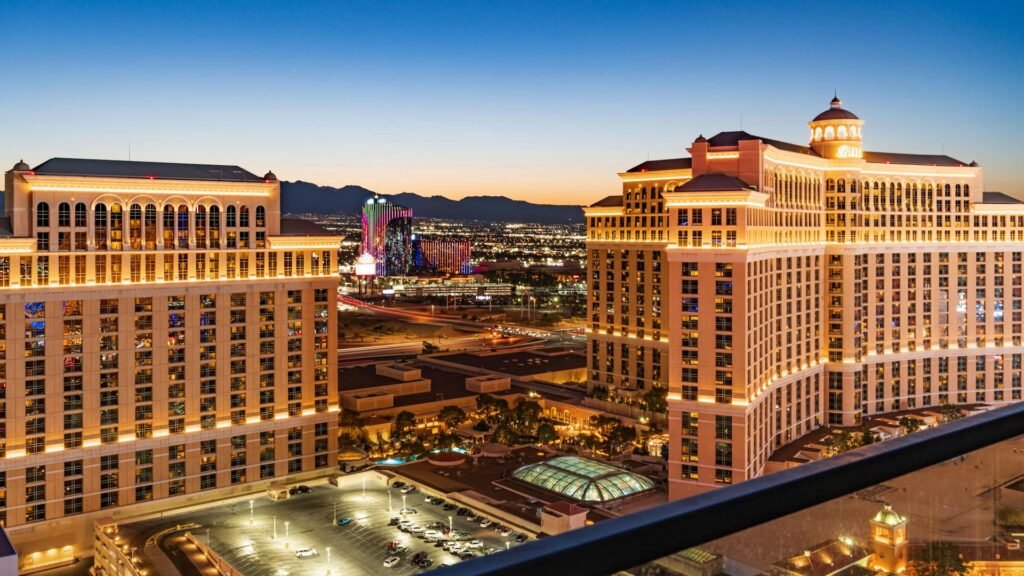 Aerial view of the Bellagio Hotel and surrounding Las Vegas skyline at twilight