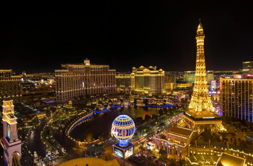 Stunning nighttime aerial view of the Las Vegas Strip featuring the Eiffel Tower replica at Paris Las Vegas
