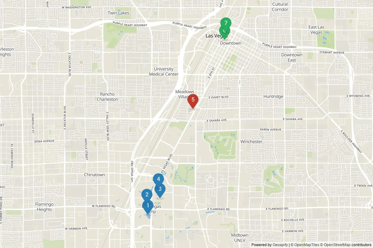 Las Vegas sights map — 7 in-city POIs across 3 cluster(s); day-trips listed in table