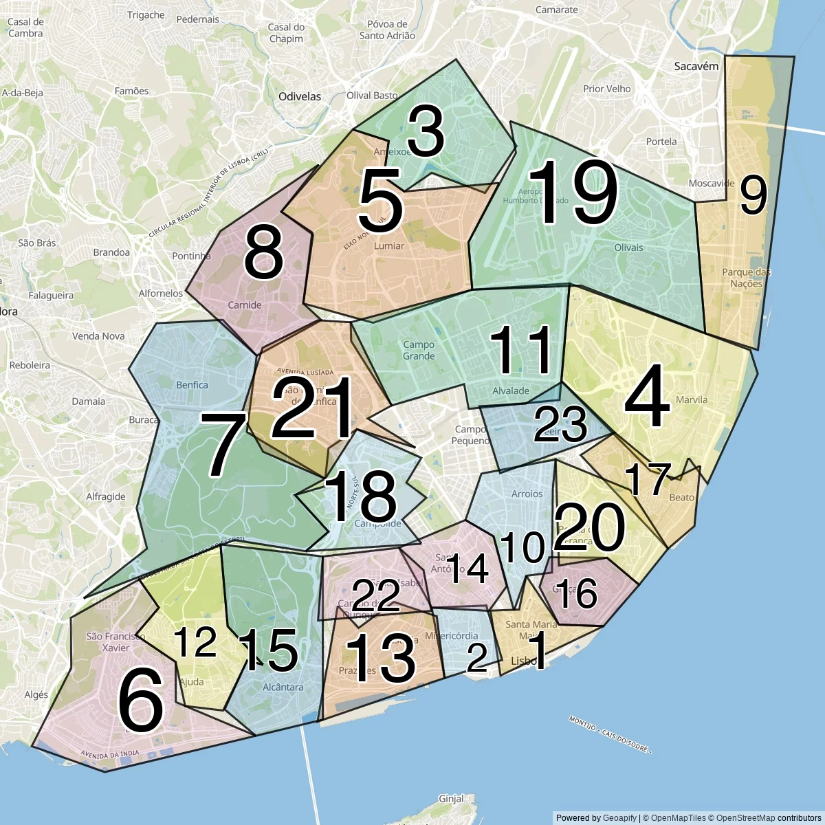 Lisbon districts map (23 Civil parishes)