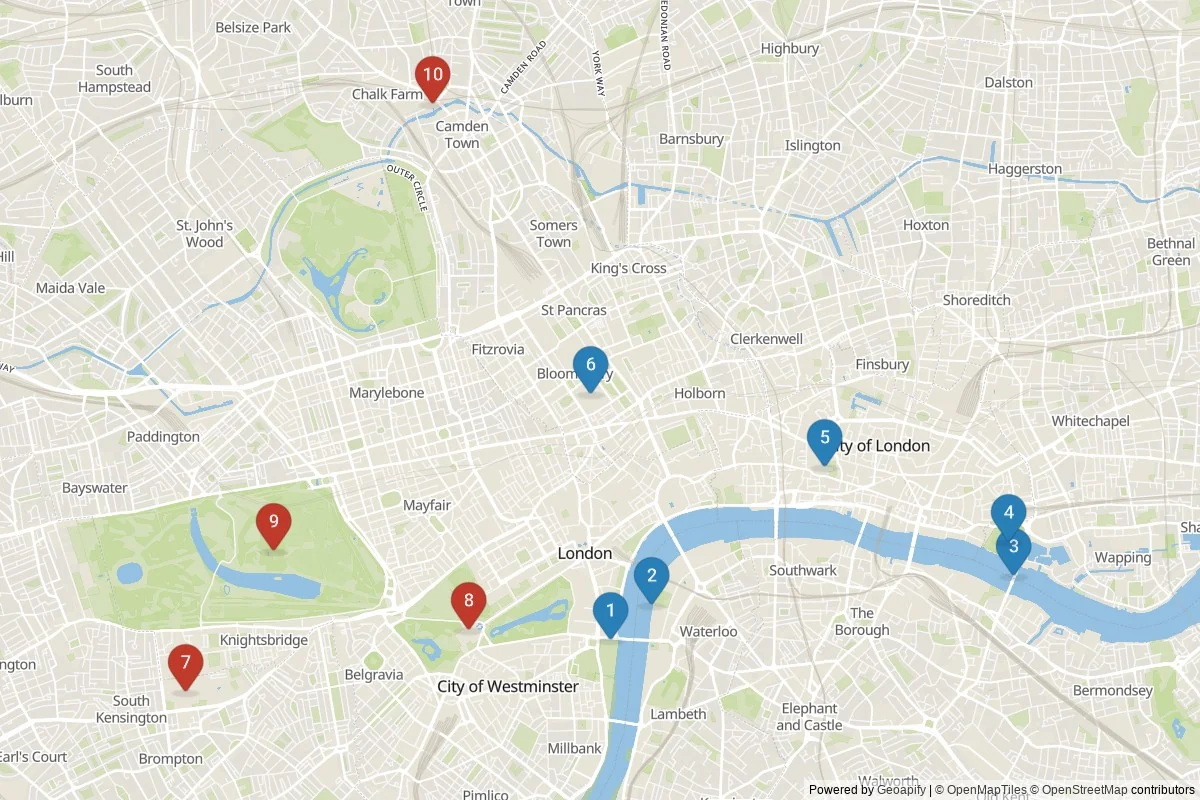 London sights map — 10 in-city POIs across 2 cluster(s); day-trips listed in table