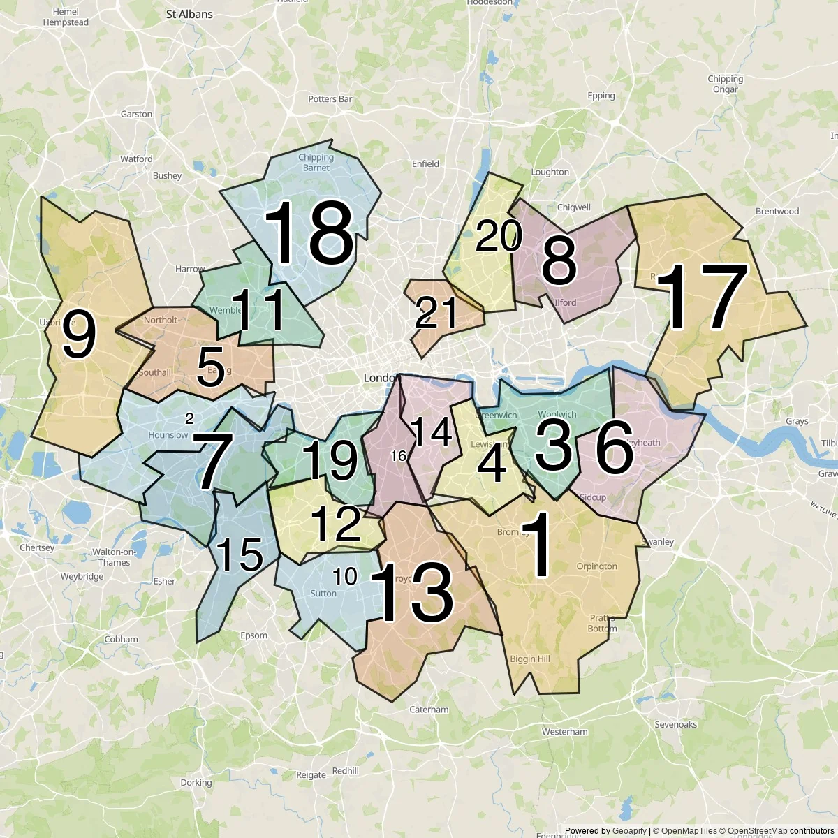 London districts map (21 Boroughs)