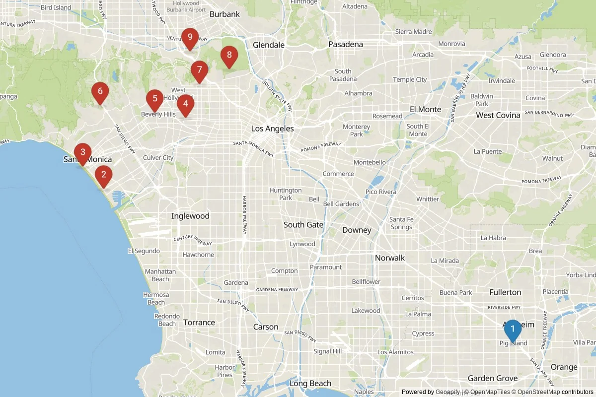 Los Angeles sights map — 9 in-city POIs across 2 cluster(s); day-trips listed in table