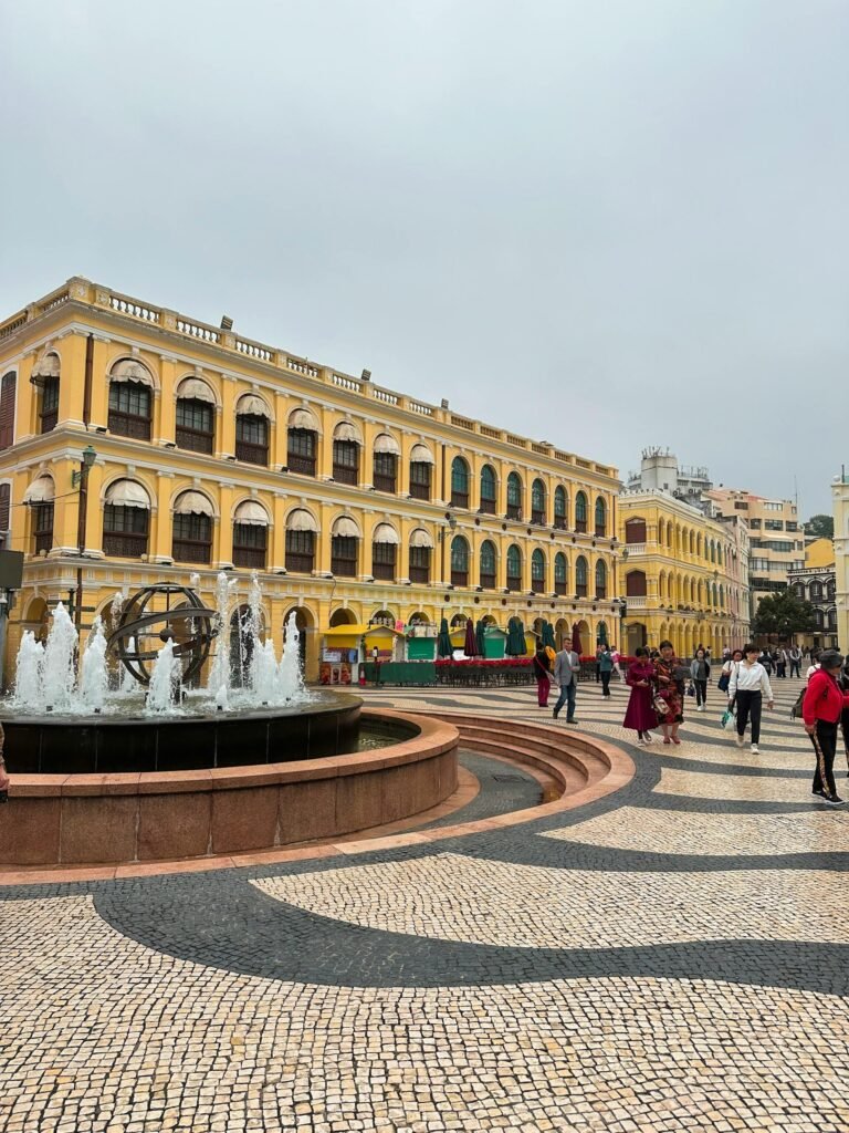 Senado Square in Macau with its central fountain and colonial Portuguese-style buildings, the heart of the UNESCO Historic Center
