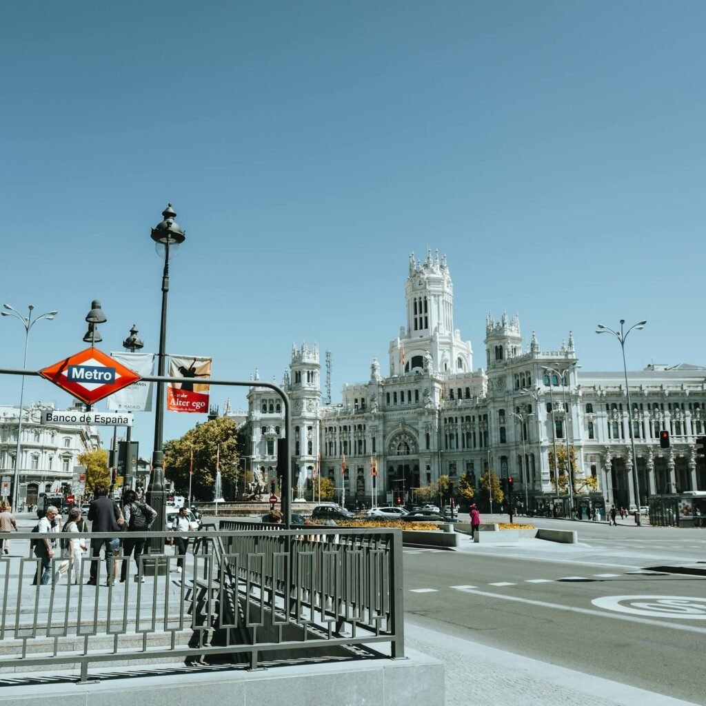 The Cybele Palace (Palacio de Cibeles) in Madrid — the 1919 Belle Époque former post-office headquarters, now the Madrid City Hall, fronting the Plaza de Cibeles with its famous Cybele fountain at the heart of the historic city