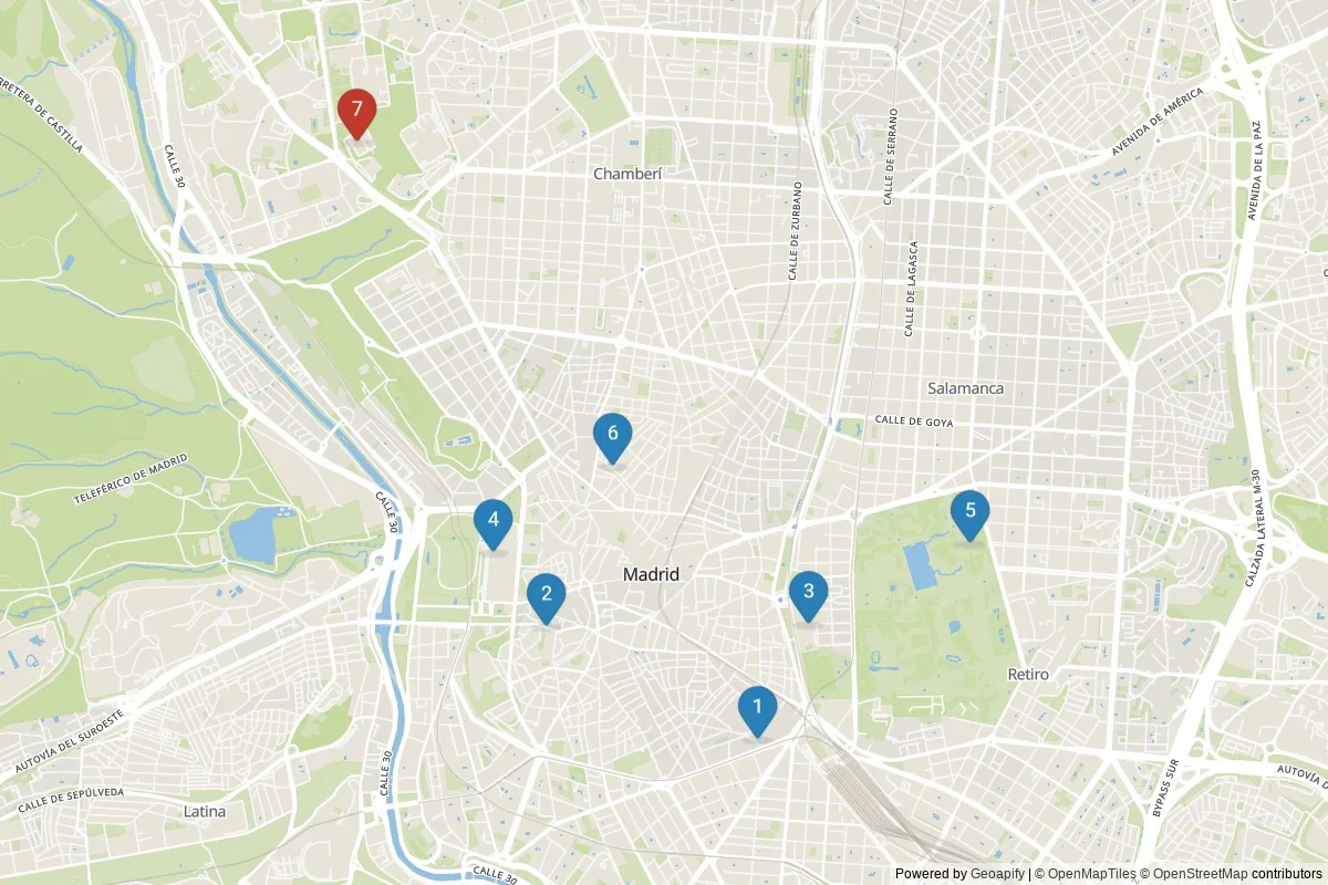 Madrid sights map — 7 POIs grouped into 2 cluster(s)
