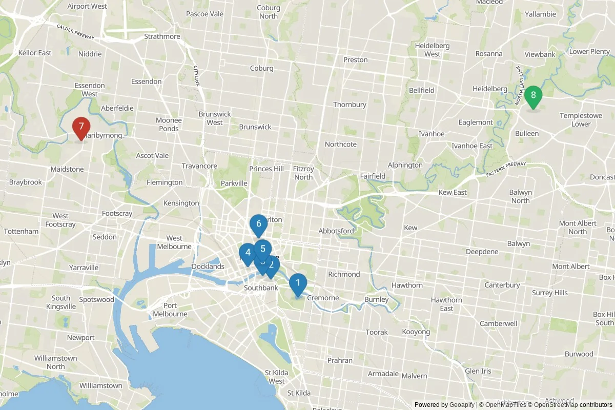 Melbourne sights map — 8 POIs grouped into 3 cluster(s)