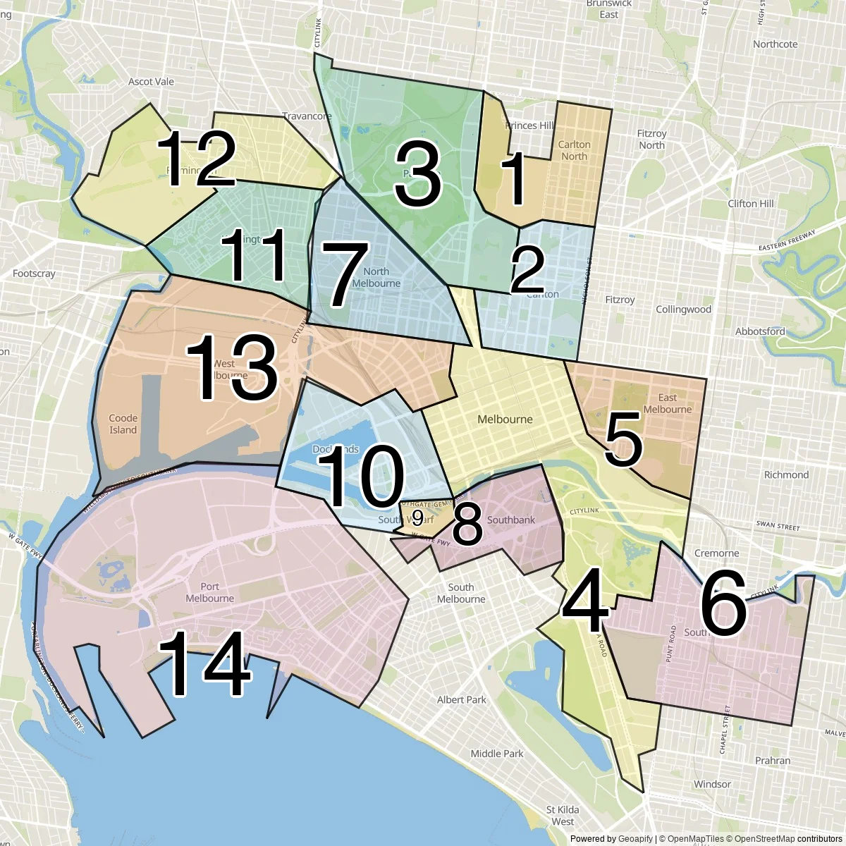 Melbourne districts map (14 Inner suburbs)