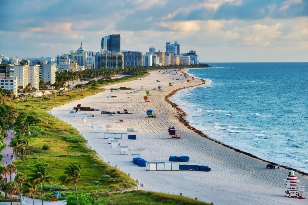 Aerial photo of Miami Beach with skyline and ocean showcasing a vibrant summer cityscape