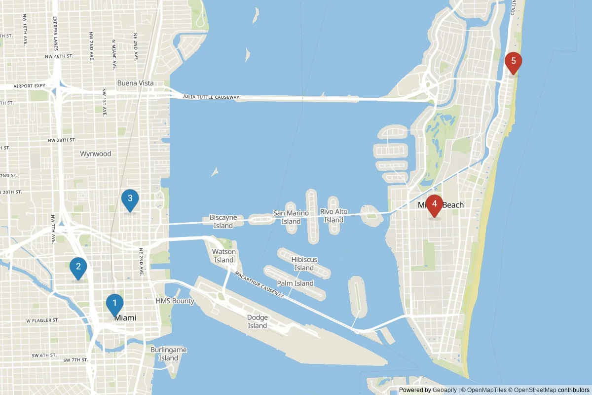 Miami sights map — 5 POIs grouped into 2 cluster(s)