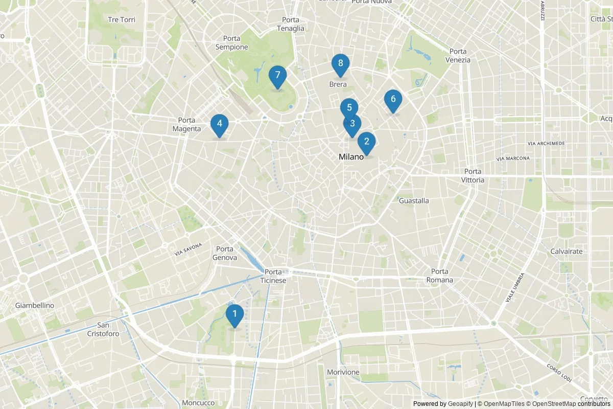 Milan sights map — 8 in-city POIs across 1 cluster(s); day-trips listed in table