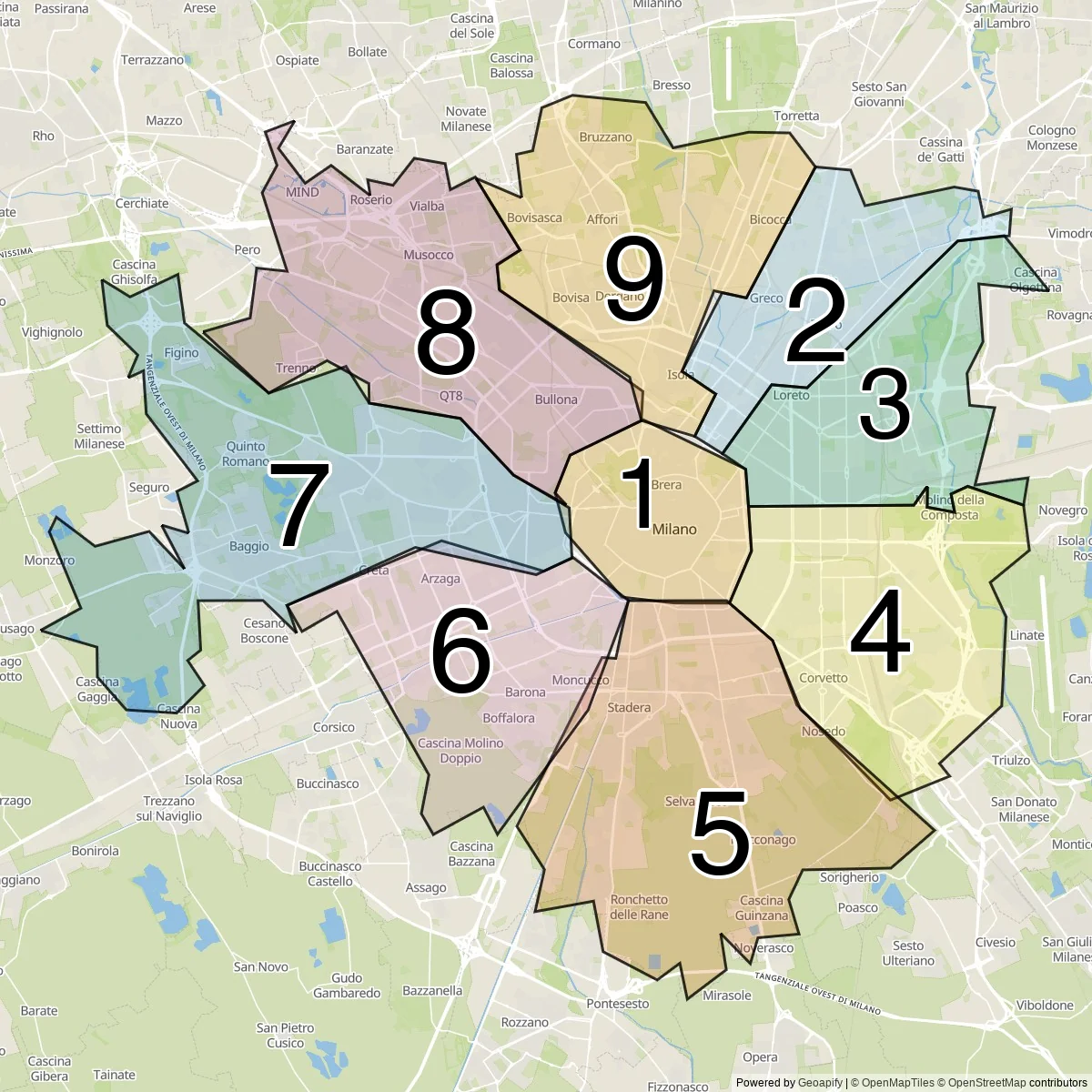 Milan districts map (9 Districts)