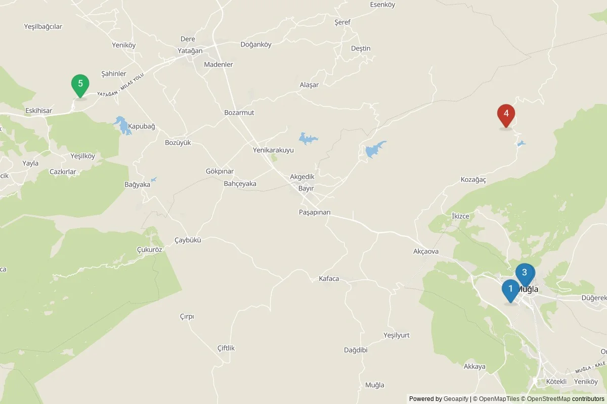 Muğla sights map — 5 in-city POIs across 3 cluster(s); day-trips listed in table