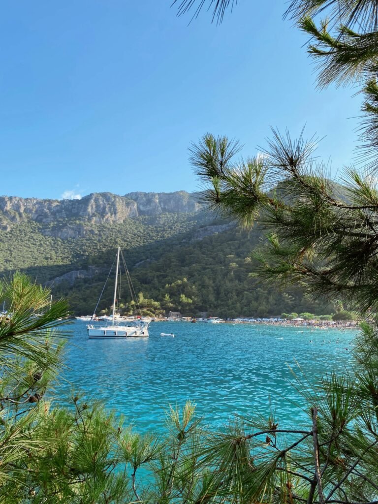 The famous Ölüdeniz Blue Lagoon in Fethiye District of Muğla — turquoise water meeting pine-forested mountains with a sailboat anchored in the protected bay