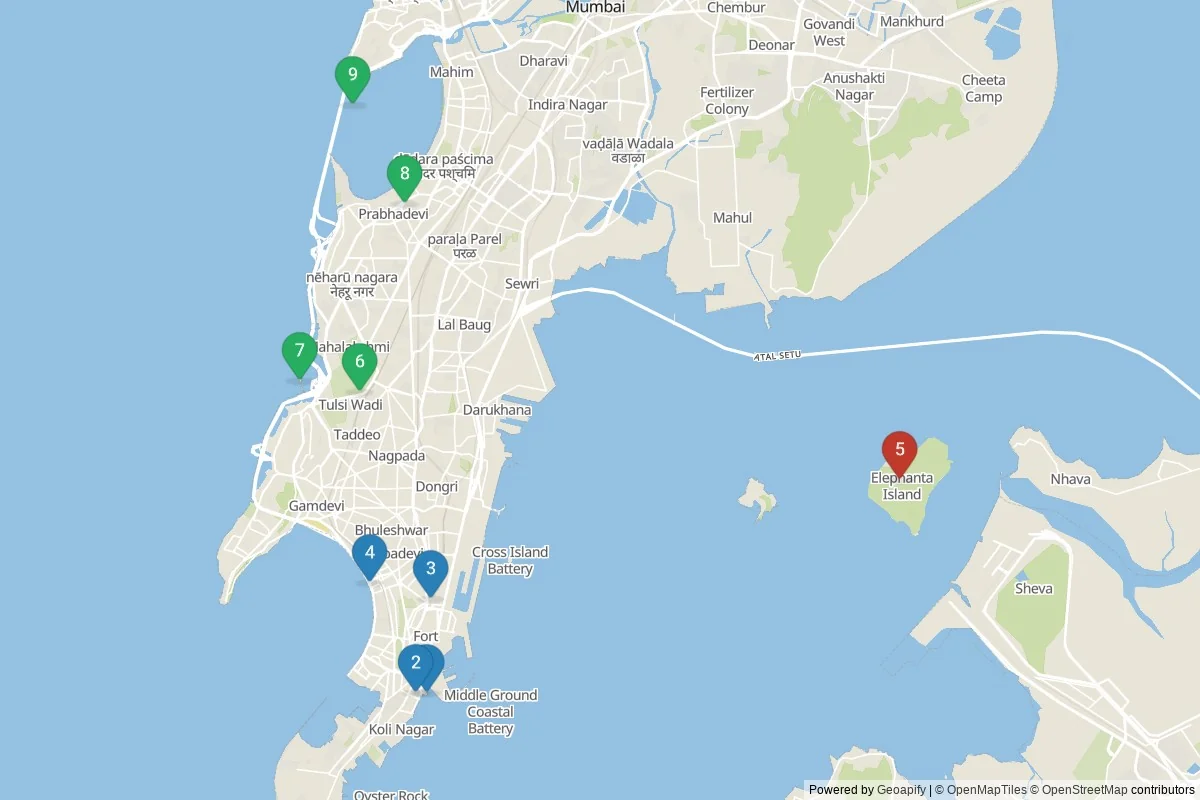 Mumbai sights map — 9 in-city POIs across 3 cluster(s); day-trips listed in table
