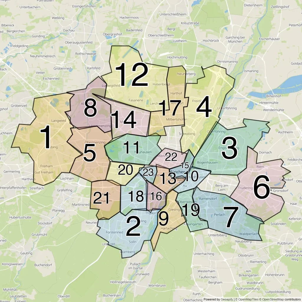Map of Munich's 25 city districts (Stadtbezirke)
