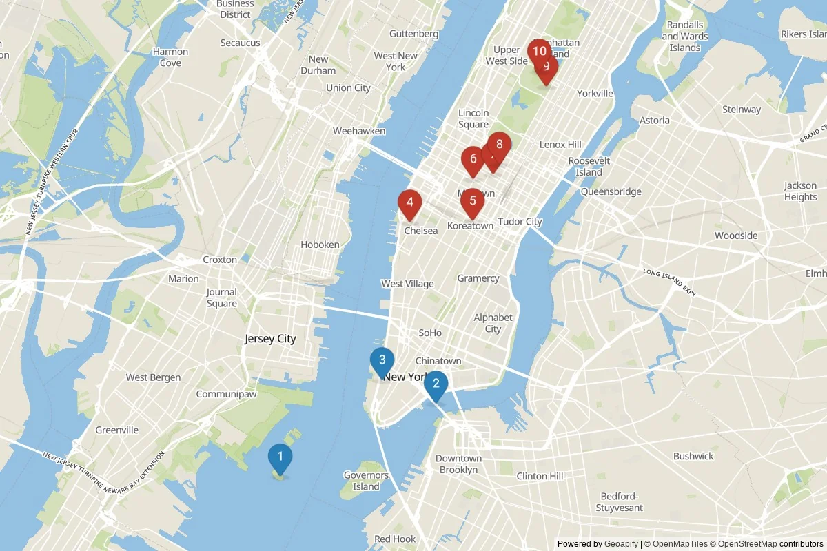 New York City sights map — 10 in-city POIs across 2 cluster(s); day-trips listed in table